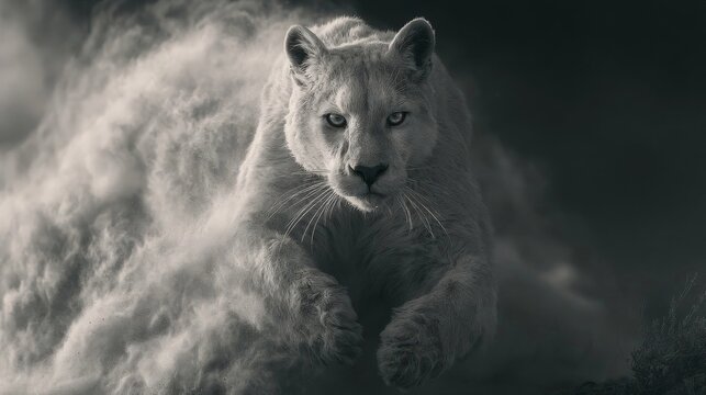 A majestic puma in motion, captured with dynamic blur and high contrast, showcasing its powerful form against a dark, dusty backdrop.