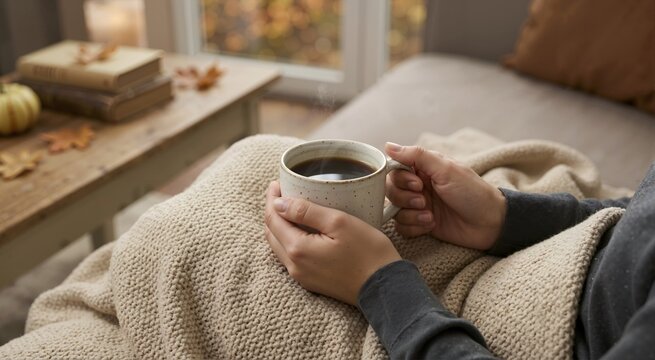 Close up of hands holding warm cup of coffee wrapped in soft beige blanket. Cozy autumn lifestyle concept with steaming mug