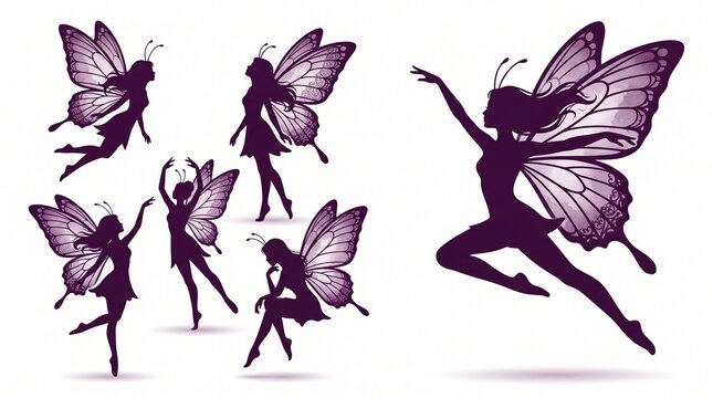 Enchanting set of fairy silhouettes in various graceful poses, featuring intricate butterfly-like wings with delicate watercolor shading on a clean white background.