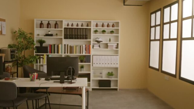 Blurred office interior with soft defocused shelves, desks and window light office; background backplate copyspace calm.