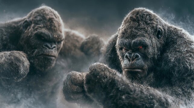 Two gorillas engaged in a fierce boxing match with intense expressions and dynamic motion.