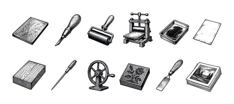 Set of vintage printmaking tools for relief printing, including a press, brayer, carving gouges, and wood blocks, illustrated in a detailed black and white engraving style
