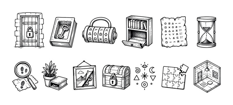Set of hand-drawn escape room icons featuring a locked door, hidden key, cryptex, puzzle, and treasure chest in a vintage sketch style for a quest game concept