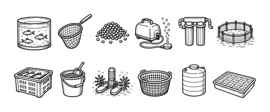 Set of fish farming equipment icons showing various tools for aquaculture, including an aquarium, aerator, filter, net, and cage, drawn in a black and white doodle sketch style
