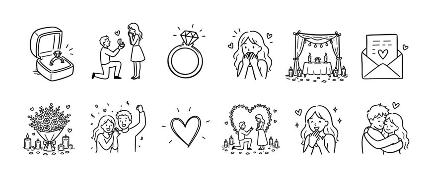 Hand-drawn marriage proposal and romance icon set featuring a couple getting engaged, a diamond ring, and love symbols in a cute black and white doodle line art illustration style