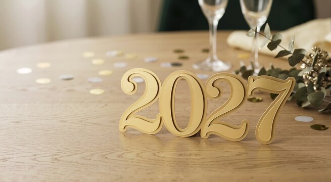 Golden 2027 numbers on a wooden table with confetti and champagne glasses. New Year celebration concept with metallic typography