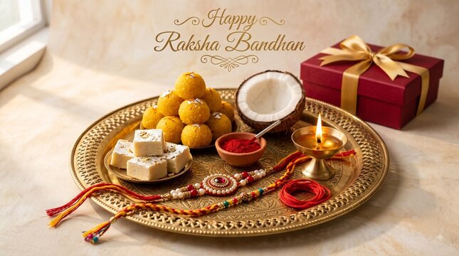 Happy raksha bandhan festive thali with sweets lamp coconut gift box on a white background festival celebration tradition