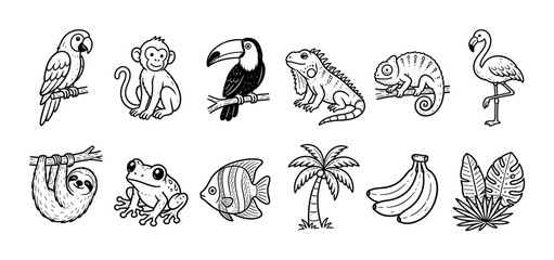 Fototapeta premium Collection of cute tropical jungle animal and plant icons in a black and white hand-drawn doodle style, including a parrot, monkey, toucan, iguana, sloth, and frog