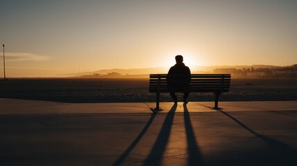 Fototapeta premium Title and idea: A lone person resting on a bench at sunset reflects the quiet strength of solitude, where stillness and fading light invite peace, hope, and thoughtful reflection. 