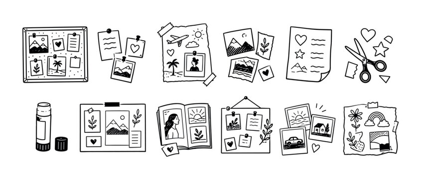 Hand-drawn black and white scrapbook elements set with photos, notes, mood boards, and journaling supplies like scissors and glue, illustrated in a cute doodle line art style for memory keeping