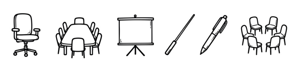 Obraz premium Set of black and white hand-drawn office icons for business meetings and presentations, including a conference table, chair, screen, pen, and circle of chairs in a simple doodle style