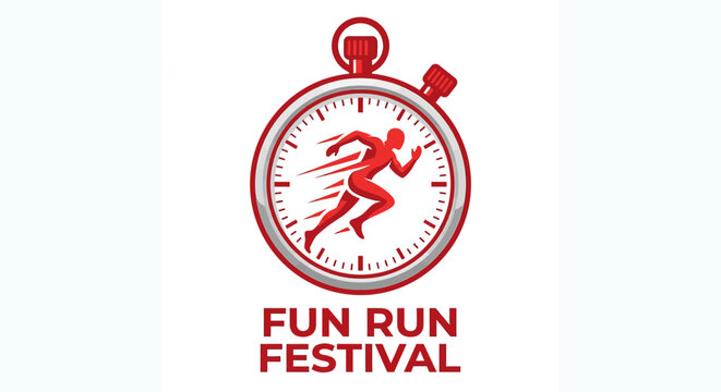 Energetic Fun Run Festival Logo With Stopwatch Icon And Athlete