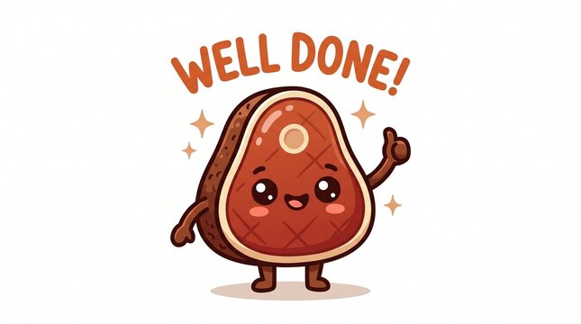 A cute kawaii steak character giving a thumbs up with the text "WELL DONE!" above, perfect for praise, cooking puns, and food humor.
