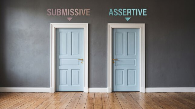 Two blue doors in a grey room represent a choice between submissive and assertive paths, symbolizing behavioral decisions in life and psychology.