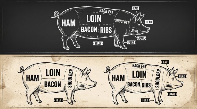 Vintage butcher diagrams of a pig showing various primal meat cuts, featured on dark chalkboard and aged parchment paper backgrounds.