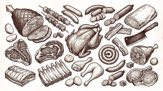 Hand-drawn vintage engraving illustrations of various meats, including steaks, ham, whole chicken, sausages, ribs, bacon, kebabs, butcher knife, and potatoes on a white background.