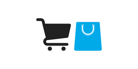 Shopping cart silhouette and blue paper retail bag for e-commerce © Touqeer