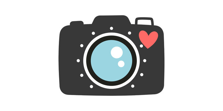 Stylized flat camera illustration with pink heart isolated on transparent background