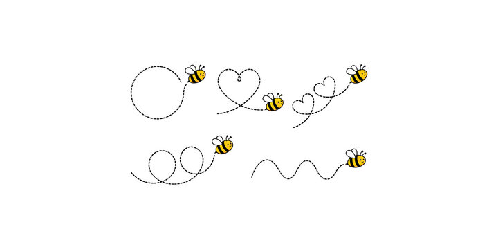 Cute cartoon bumblebees flying with dashed trail lines isolated on transparent background