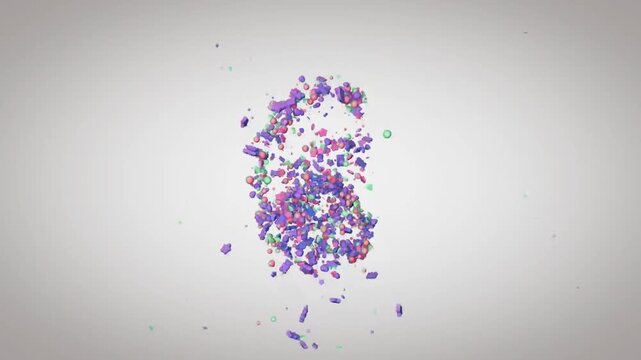 Number six appears as a collection of colorful floating particles against a plain background.