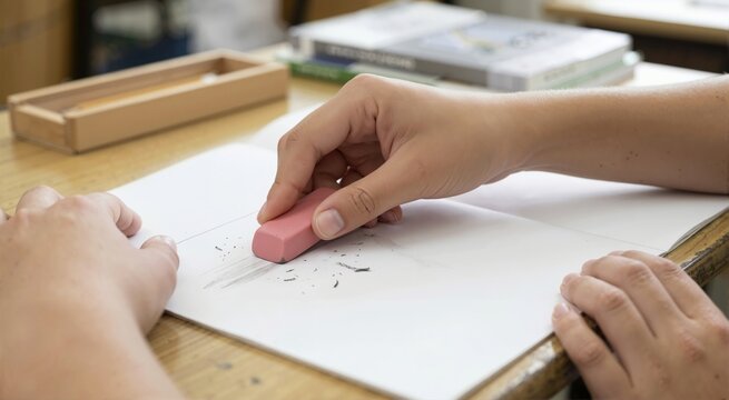 Close up of hands erasing pencil line on paper with pink eraser. Student correcting mistake in notebook on wooden desk. Education concept