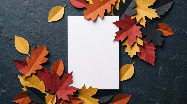 Blank white greeting card mockup surrounded by colorful paper autumn leaves on a dark slate background, perfect for fall invitations and copy space.
