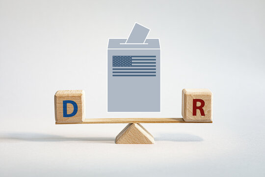 US Election Balance Concept with Democrat Republican Wooden Blocks and Ballot Box