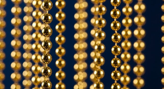 Vertical golden ball chains on dark background. Abstract metallic texture with bokeh effect.