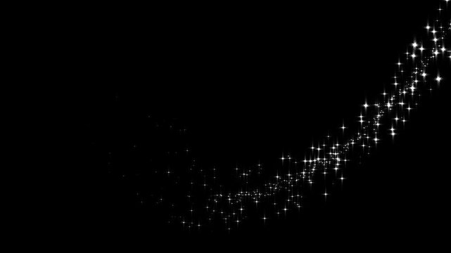 Magical white glitter trail sparkles animation with black screen background, white glitter star dust trail with twinkling sparkles, fairy tail particle animation, magic pixie dust path,4k video