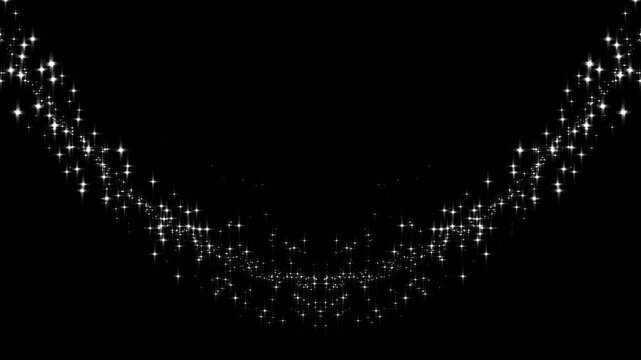Luxury white glitter sparkles line trail, magic sparkles glitter line stars, magic dust, star sparkle vector doodles, glowing light effect, retro shine movement on black screen background.4k video