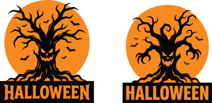 Halloween pumpkin with scary tree illustration, halloween