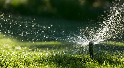Obraz premium Automatic sprinkler system sprays water droplets onto a fresh green lawn.