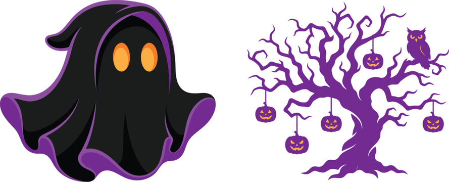 Halloween ghost and tree with pumpkins illustration, halloween