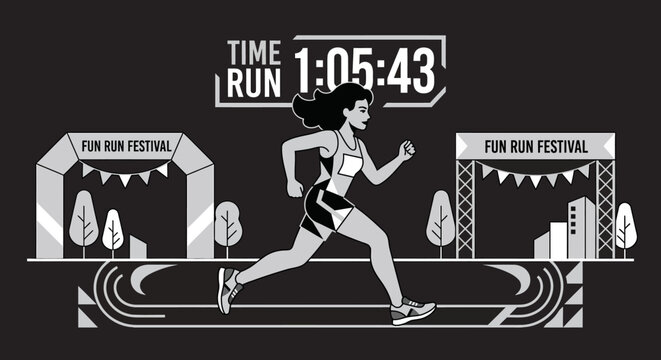 Dynamic Woman Running In Fun Run Festival With Timer