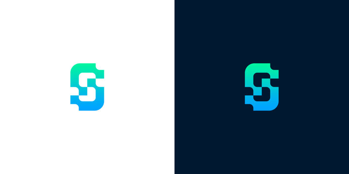 Modern digital letter S logo design in vibrant blue and green gradient style on light and dark backgrounds