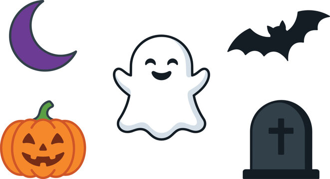 Halloween icons set with ghost bat pumpkin tombstone, spooky bat