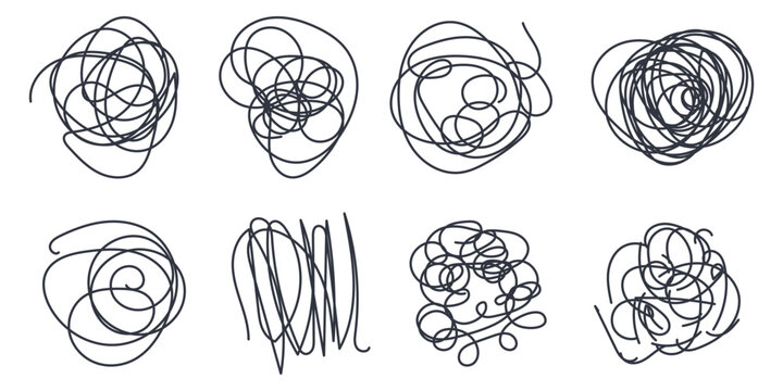 Abstract scribble icons with tangled line shapes. Hand drawn doodle symbols representing clutter confusion brainstorming, chaos stress complicated thinking and creative process. Editable stroke vector