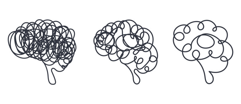 Scribble brain set. Vector symbols with chaotic, tangled and organized line patterns representing confusion, overthinking, mental clarity, anxiety, focus and thought process. Editable stroke