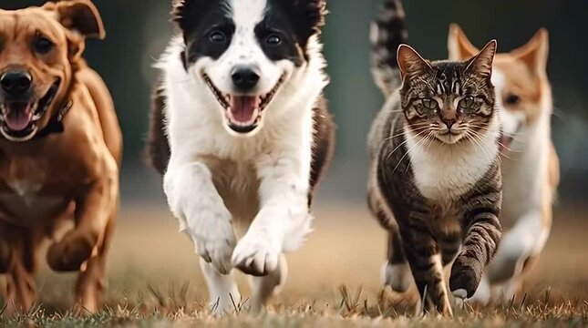 Group of dogs and cat running together towards camera