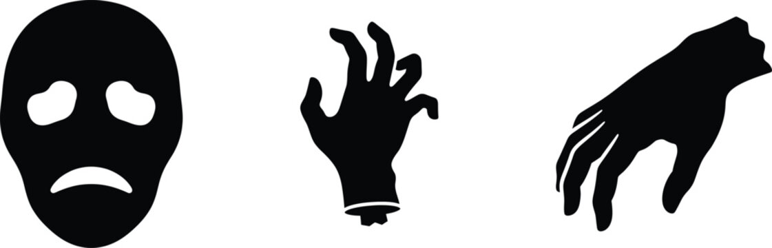 Set of black silhouette icons featuring a sad human face mask and two creepy reaching zombie hands for horror