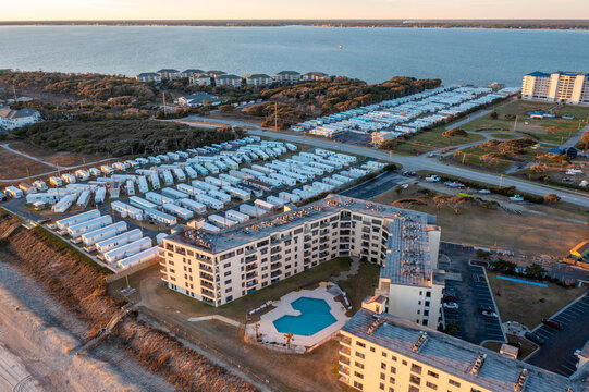 Aerial View of a Trailer Park Next to a Luxury Condo in Indian Beach North Carolina