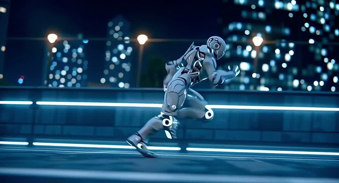 Advanced bionic cyborg running at high speed along an empty city highway at night, showcasing the concepts of progress, automation, and futuristic artificial intelligence technology