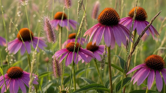 Field of purple coneflowers growing in a sunny meadow with coneflower, echinacea