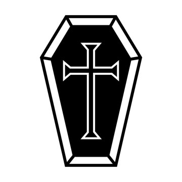 one black coffin with cross icon on white background.