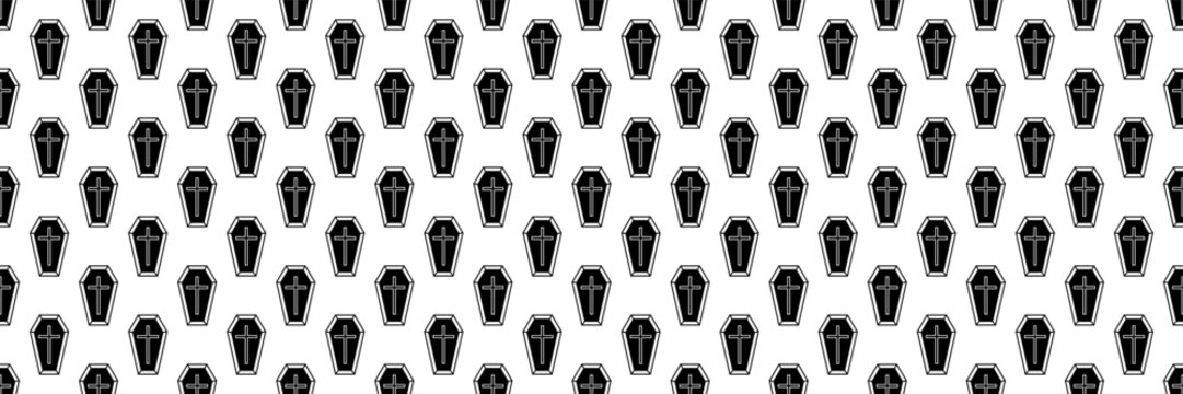 horizontal seamless of black coffin with cross for pattern and background.