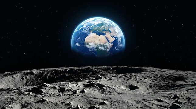 Earth planet view from the surface of the moon in space