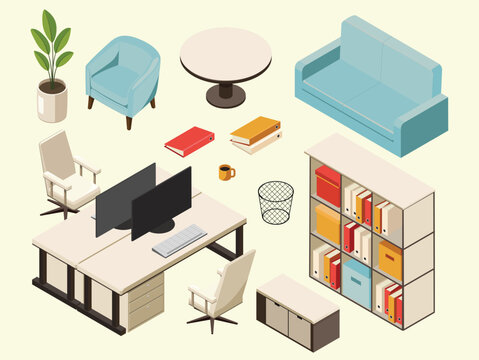 Isometric office furniture and workspace objects set vector illustration isolated collection