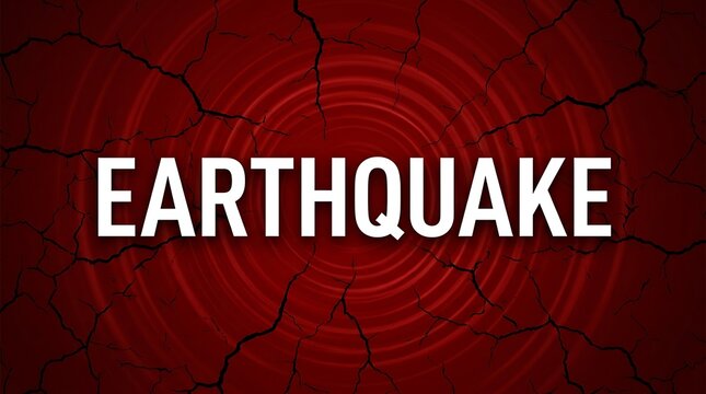 Earthquake text sign with red cracked ground background