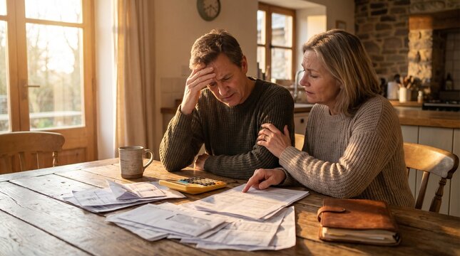 Stressed Middle Aged Couple Reviewing Bills and Financial Debt Together