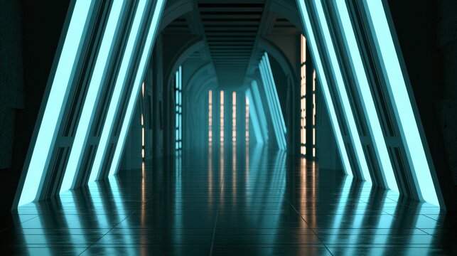 Futuristic corridor with glowing cyan wall panels